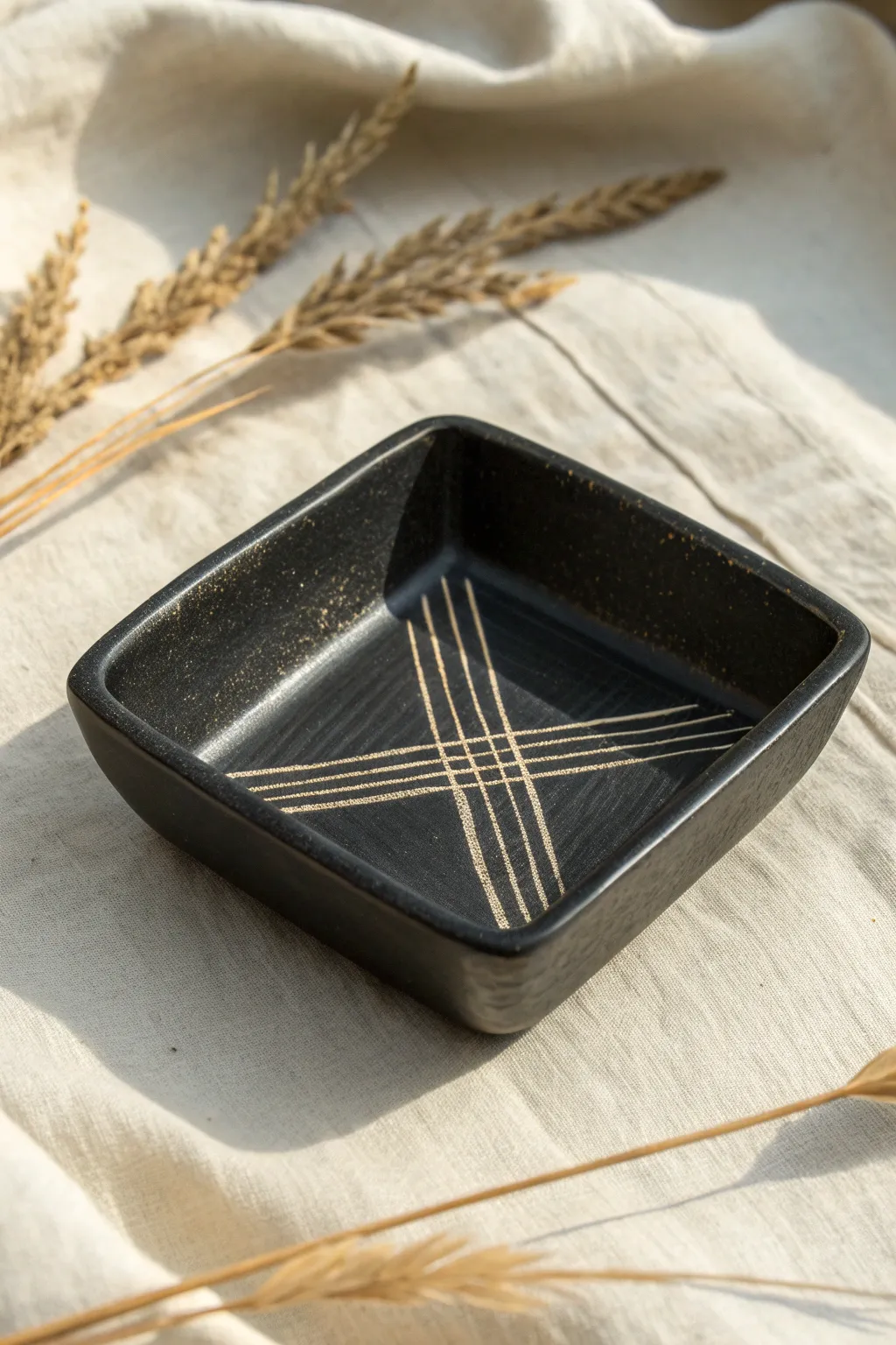 Graphic sgraffito on matte black clay reveals a creamy layer underneath for modern boho minimalism.