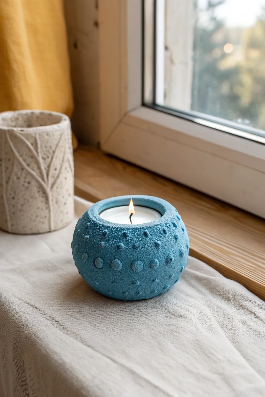 Blue coral-inspired air dry clay candle holder with a clean minimalist look and soft contrast