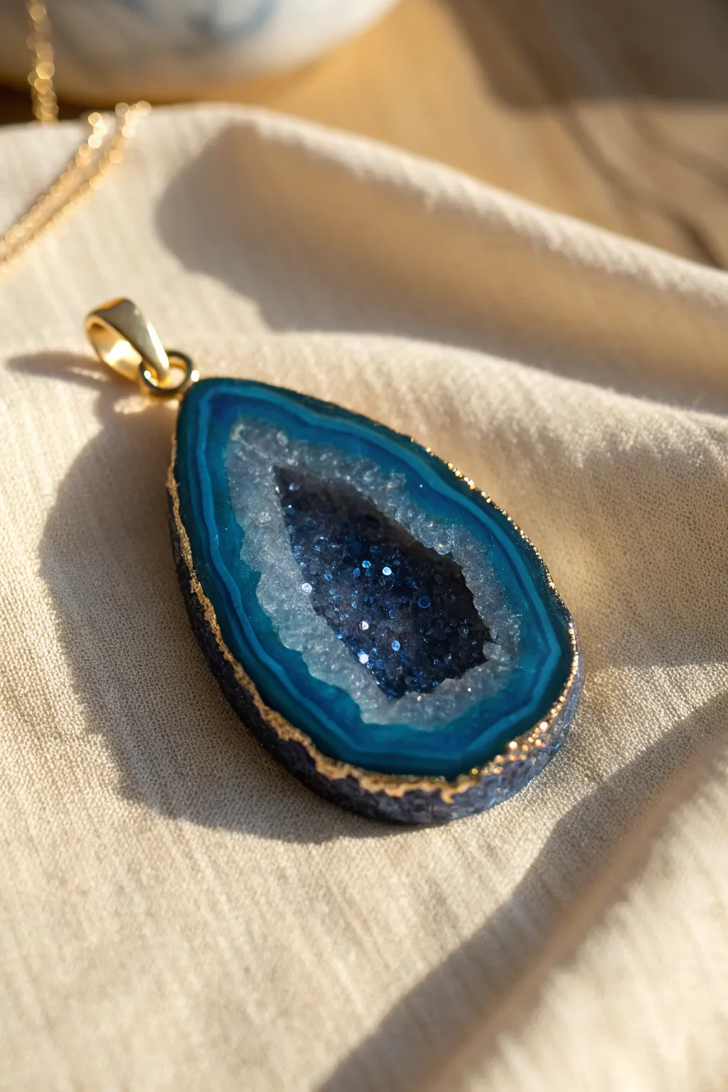 Blue geode polymer clay pendant with a sparkling center, minimal boho styling on linen