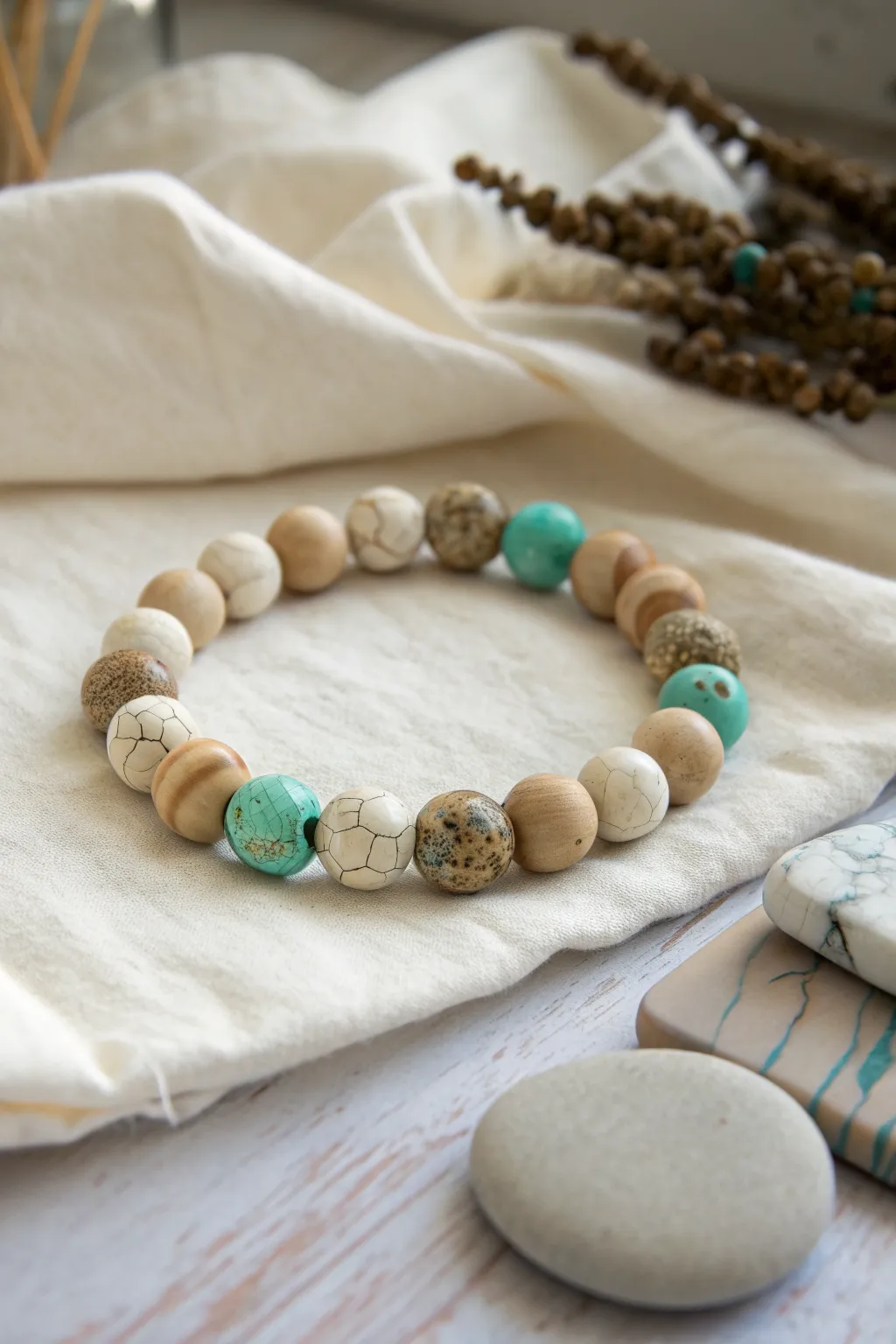 Marbled stone color clay beads and soft neutrals create an earthy boho bracelet with Scandinavian calm.