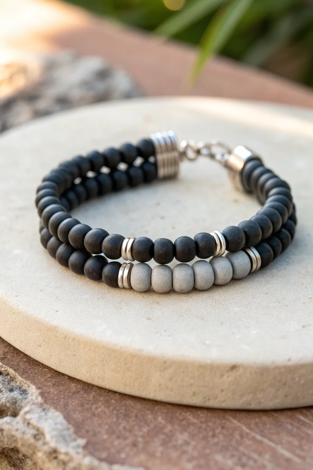 Sporty two-row clay bead bracelet in charcoal tones, minimal and handmade, ready to stack