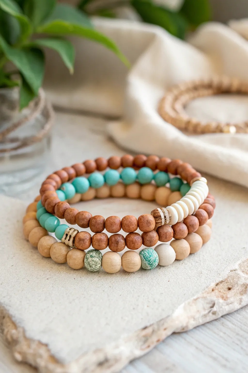 Earthy clay bead bracelet stack in desert tones with a pop of turquoise, minimalist boho vibe