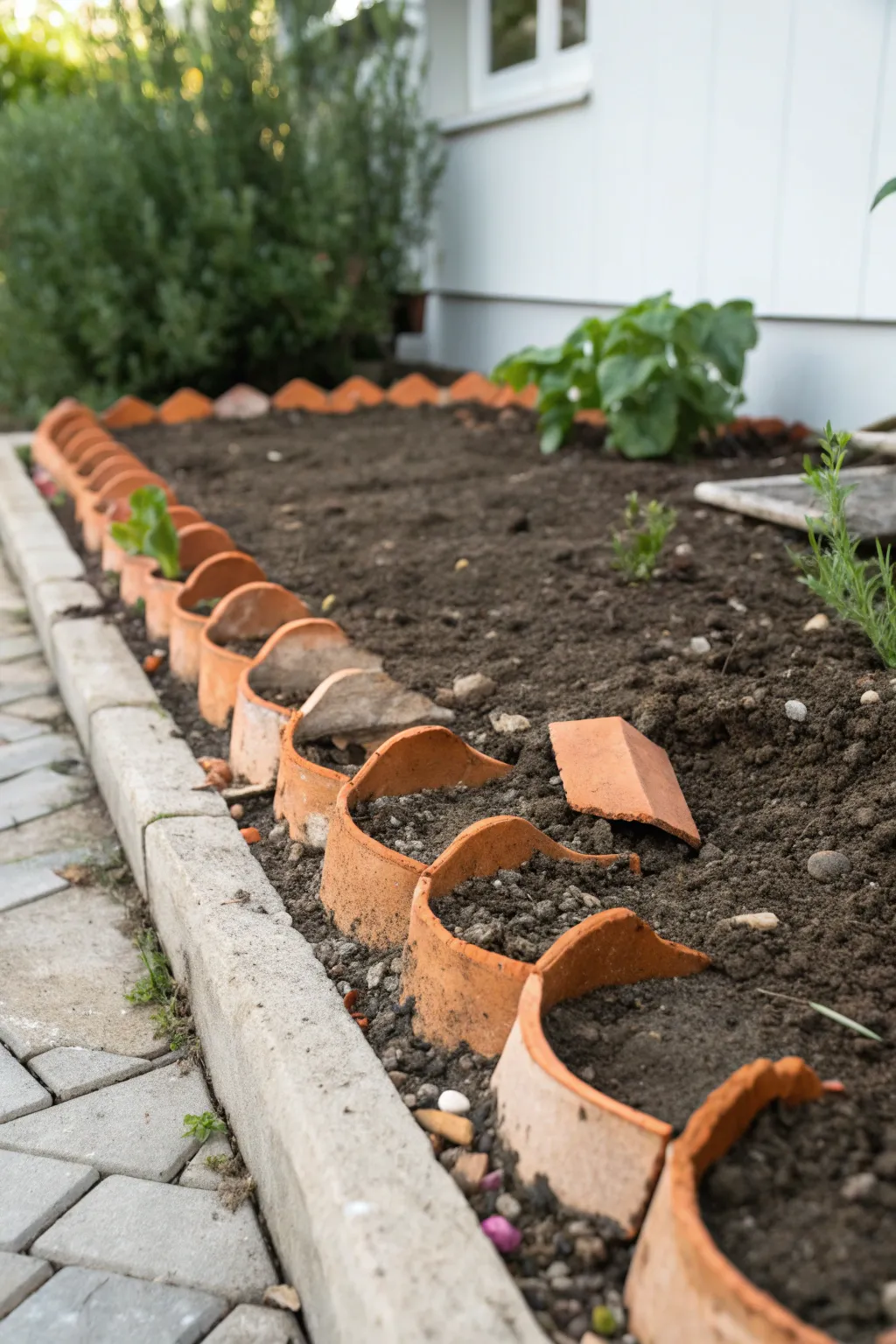 Scalloped garden edging made from broken terracotta pot shards, rustic, tidy, and easy to copy.