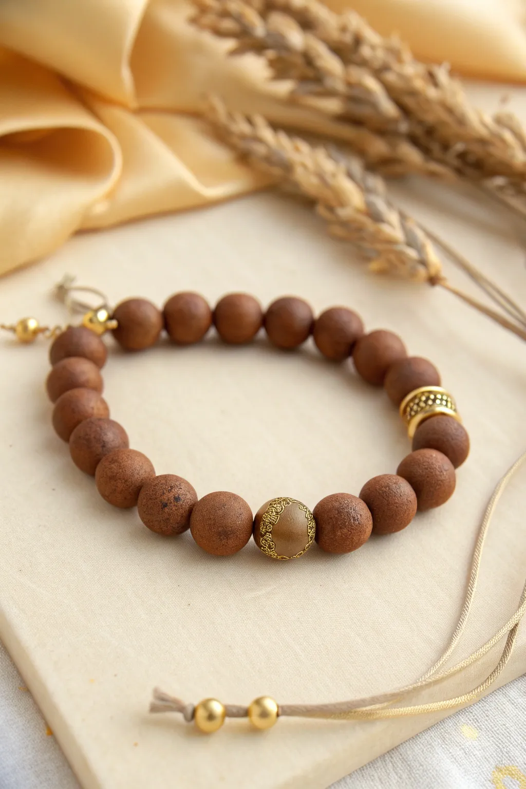 Matte brown clay beads with subtle gold highlights for a minimal boho bracelet look.