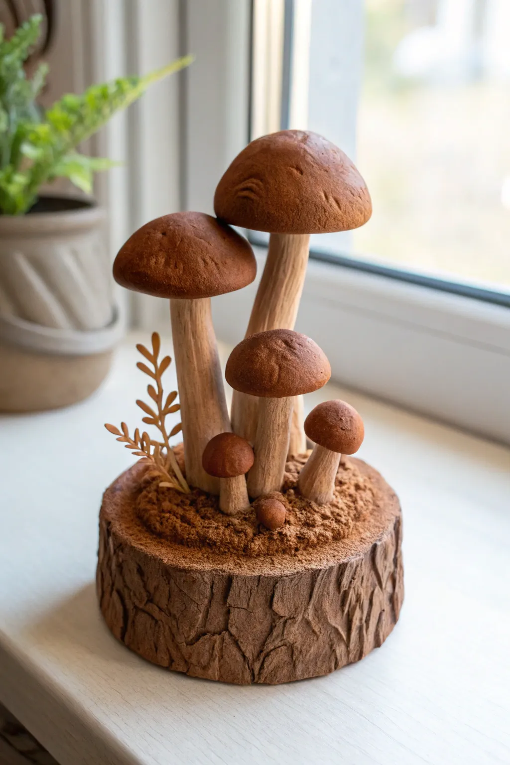 Sweet brown clay mushroom cluster on a forest-like base, minimalist and cozy earthy decor.