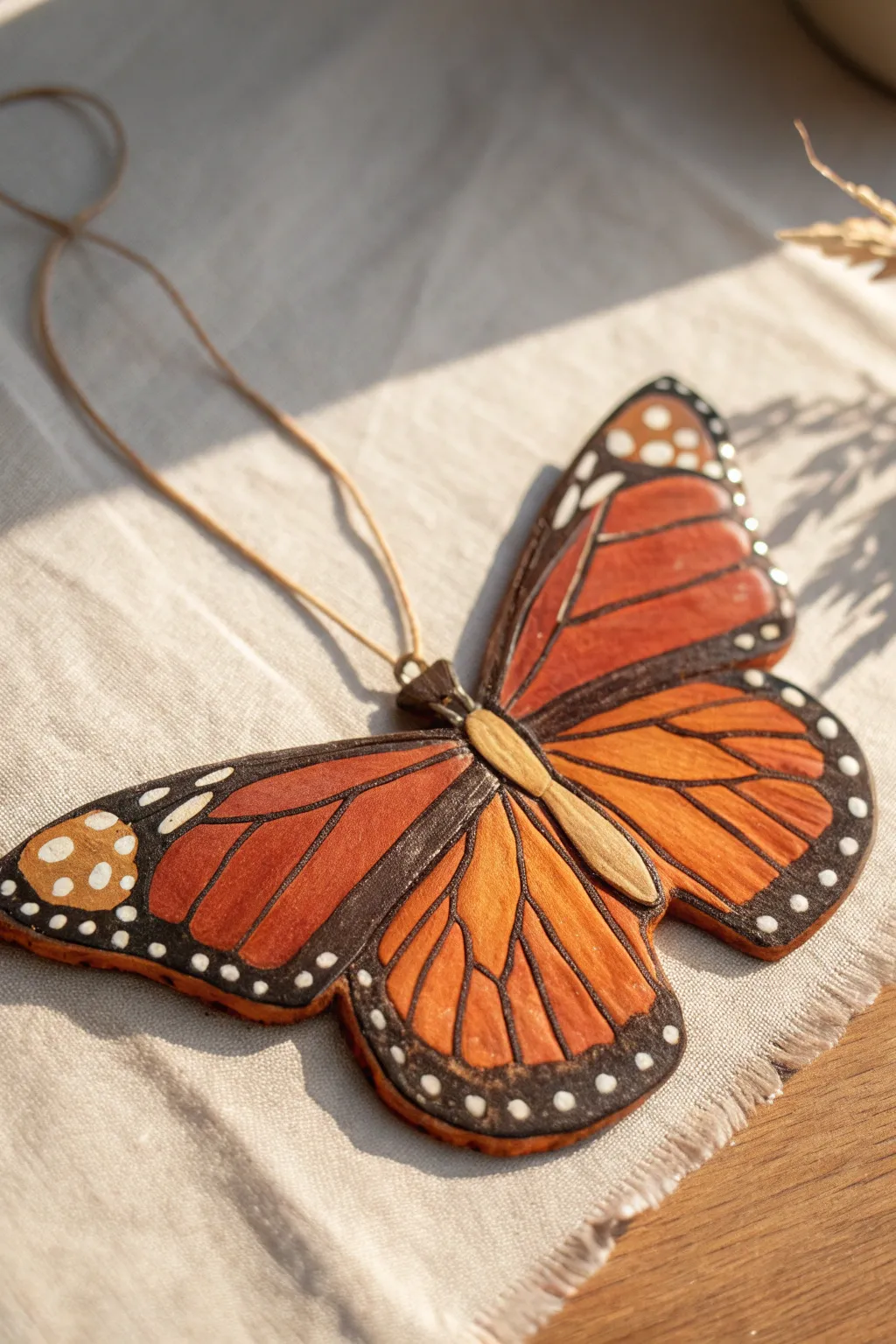 Simple monarch wing clay butterfly with bold orange blocks and dark borders for a soft boho feel