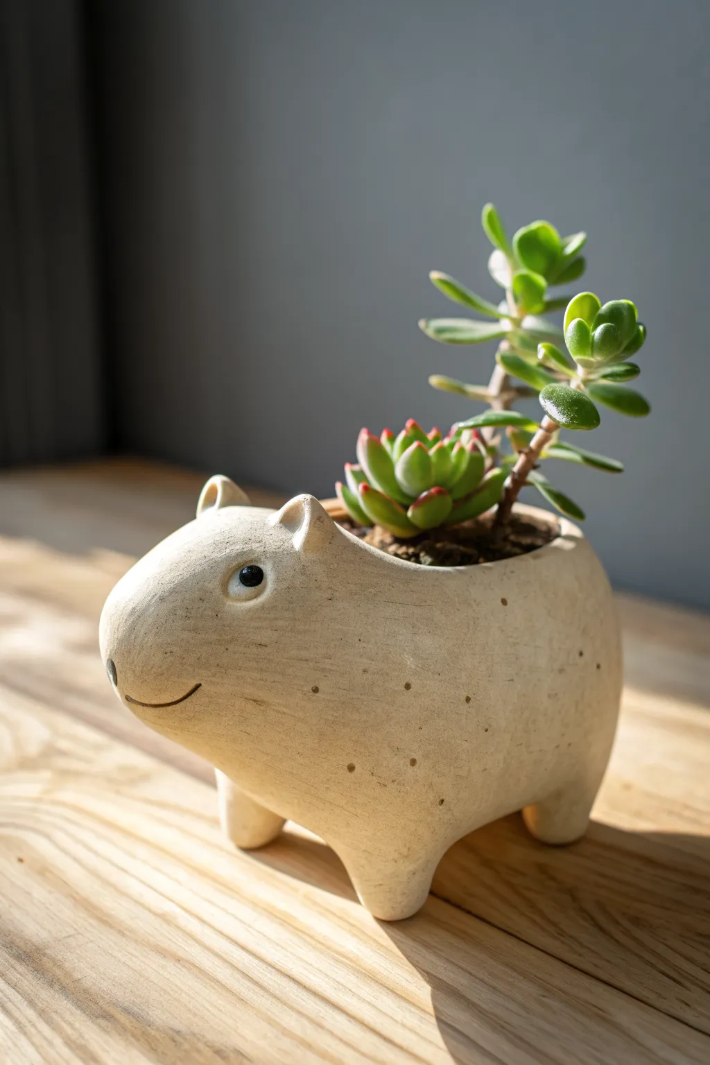 Minimal capybara clay planter buddy holding a tiny succulent, cozy Scandinavian boho vibes