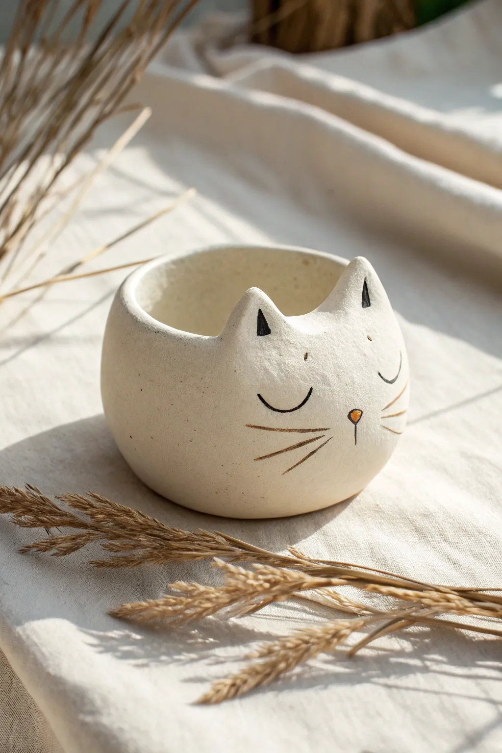 Cozy sleeping cat pinch pot with closed eyes, matte finish, and calming minimalist style