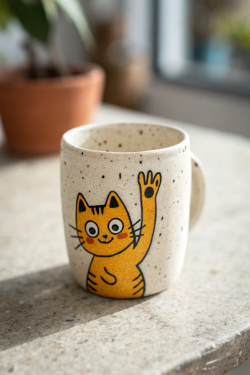 Cheerful cartoon cat mug with bold outlines and flat colors, perfect for easy pottery painting