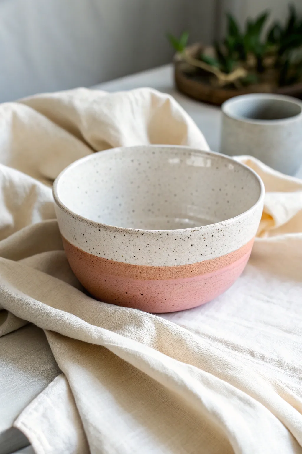 Minimal half-dipped glaze bowl with glossy blush top and raw clay base, clean and calming contrast