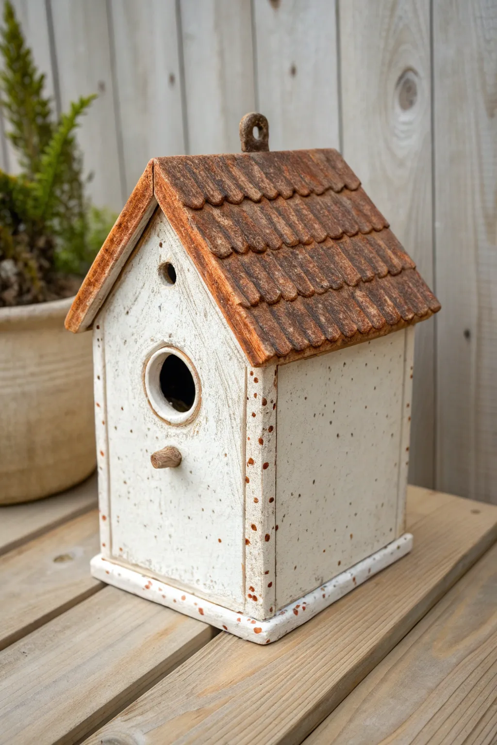 Clever ceramic birdhouse with a hidden clean-out door, simple cottage charm in neutral tones.