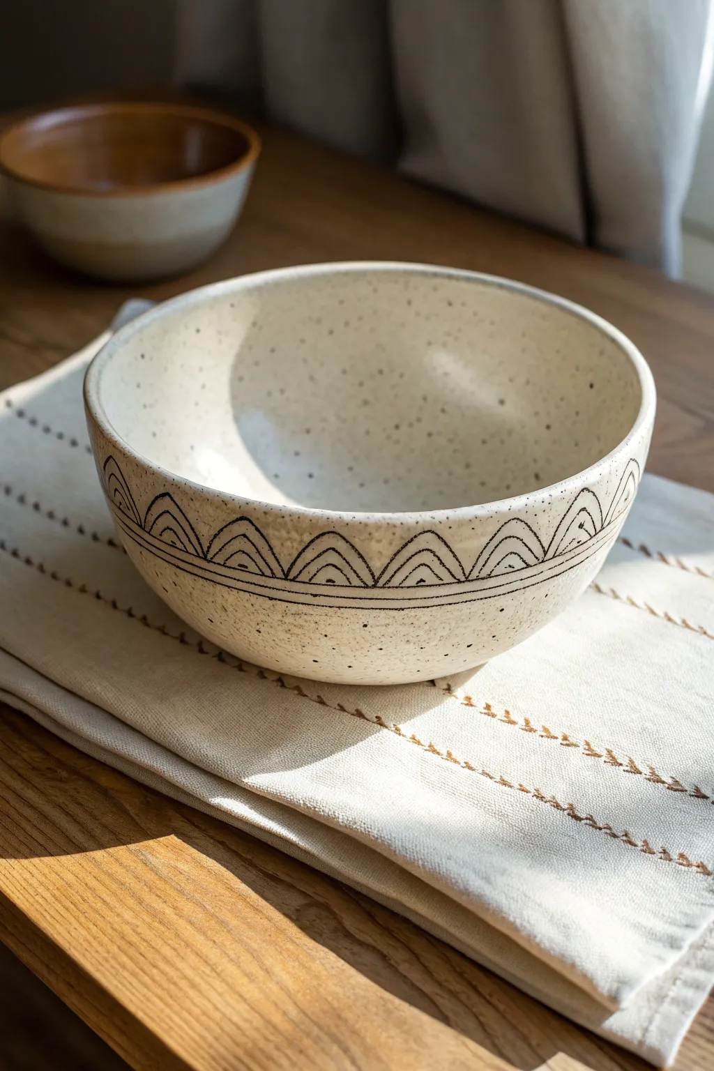 Simple mishima inlay linework adds bold contrast and calm Scandinavian charm to a handmade bowl