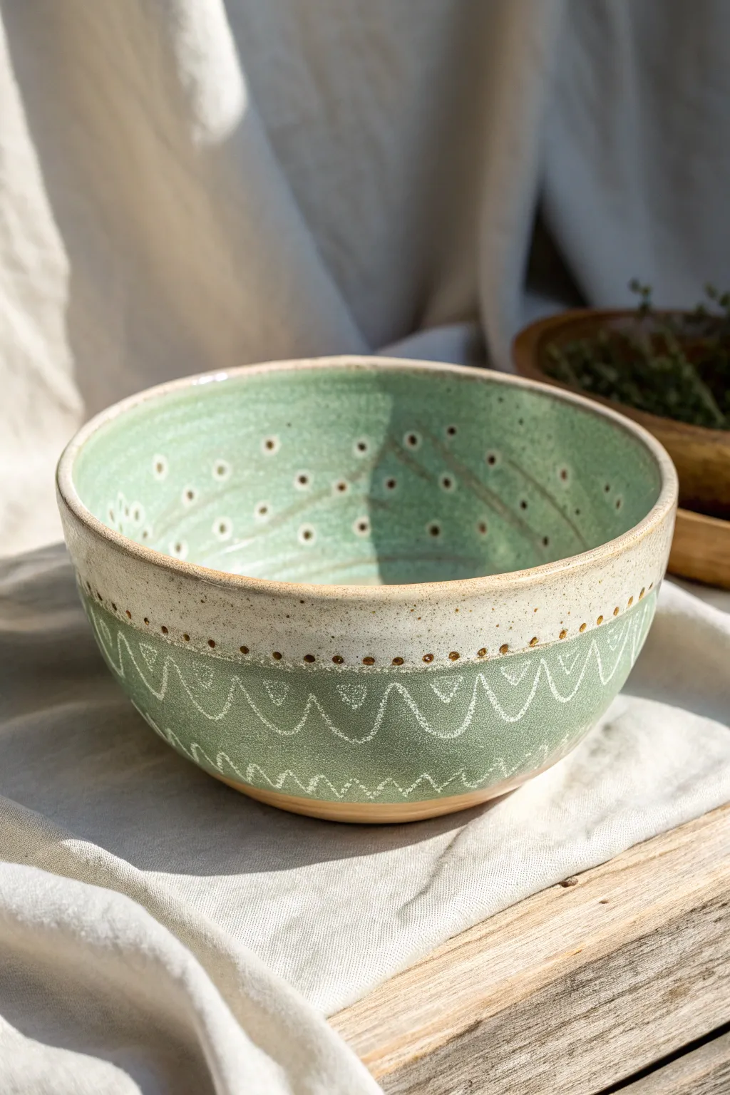 Minimal wax resist bowl in sage glaze with crisp dots and waves, bright and calming