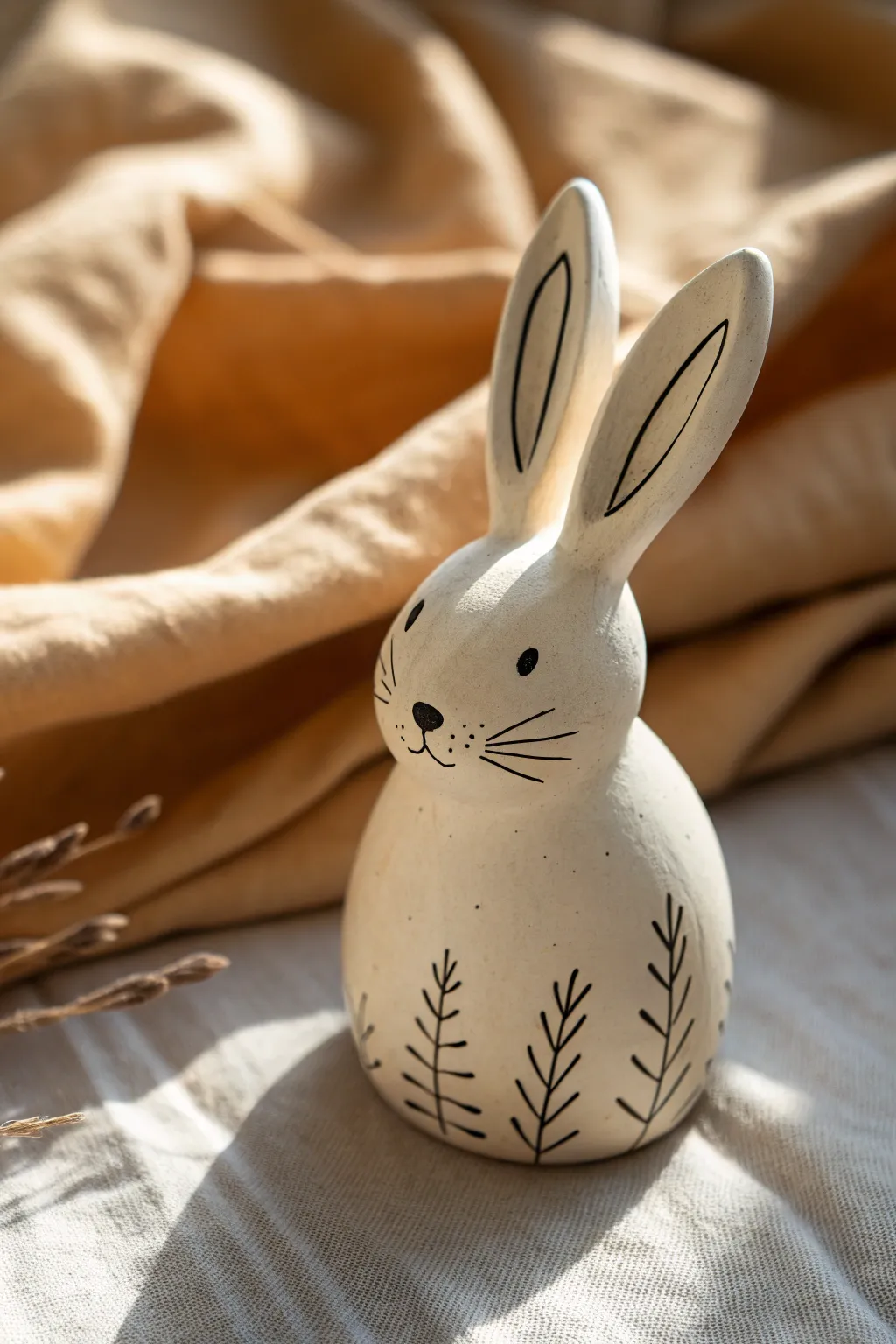 Minimal line-art bunny face on matte ceramic, Scandinavian calm with a boho touch.