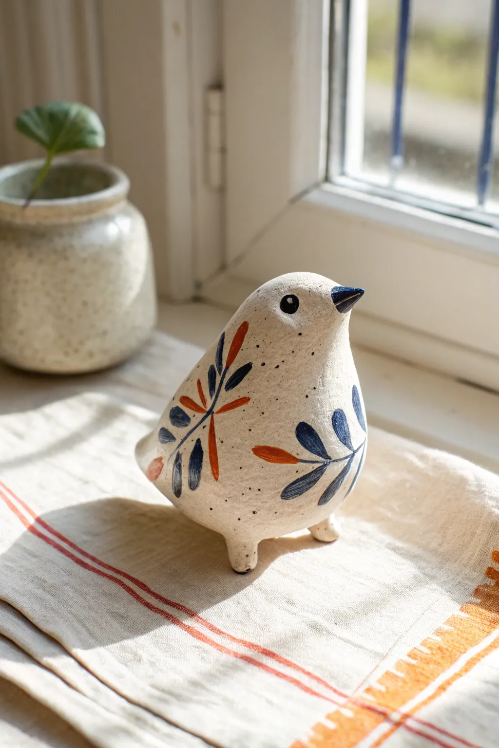 Sweet pinch pot whistle creature with bold underglaze accents, minimalist and handmade charm.