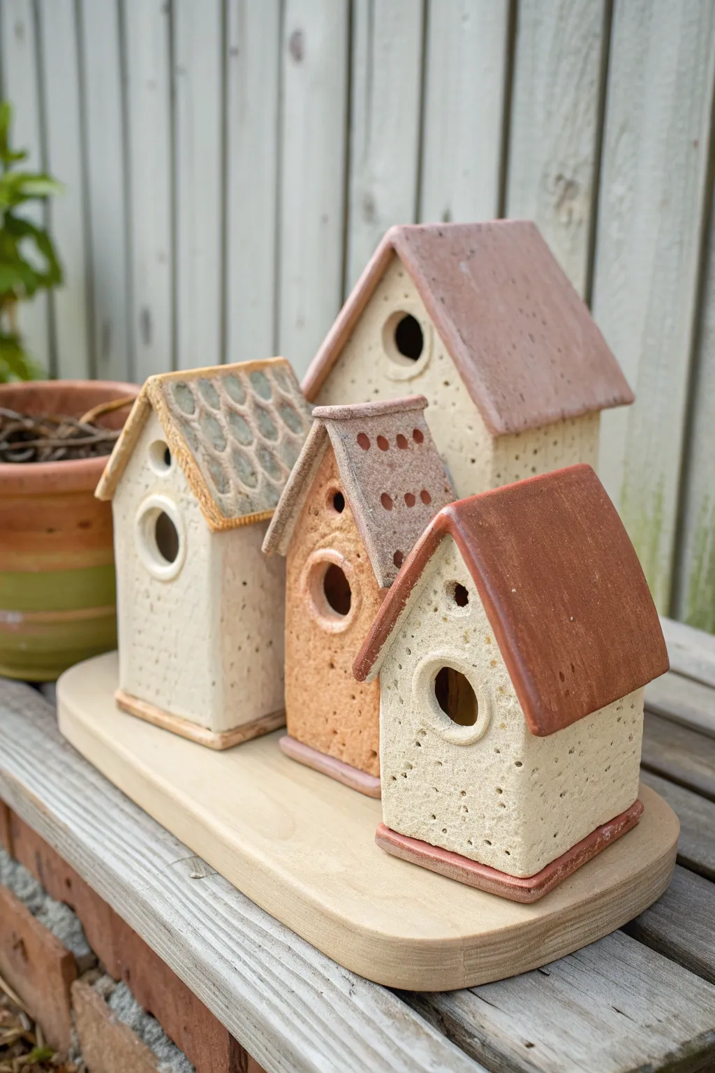 Mini ceramic birdhouse village on a slab base, cozy glaze and Scandinavian-boho charm.