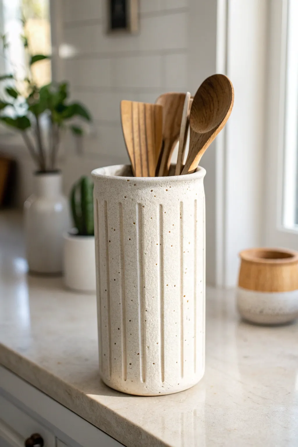 Minimal cylinder utensil crock with carved lines, a simple clay idea for a calm kitchen nook