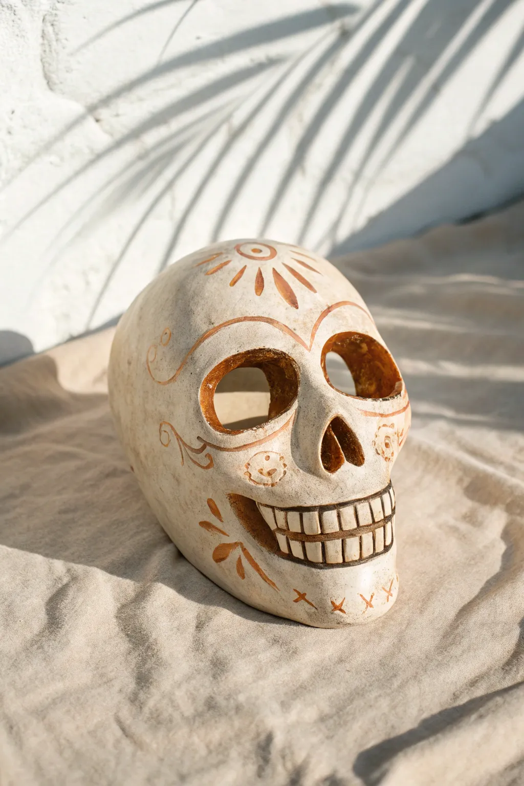 Skull-inspired bone-toned ceramic mask, matte and minimalist, perfect for moody clay mask ideas