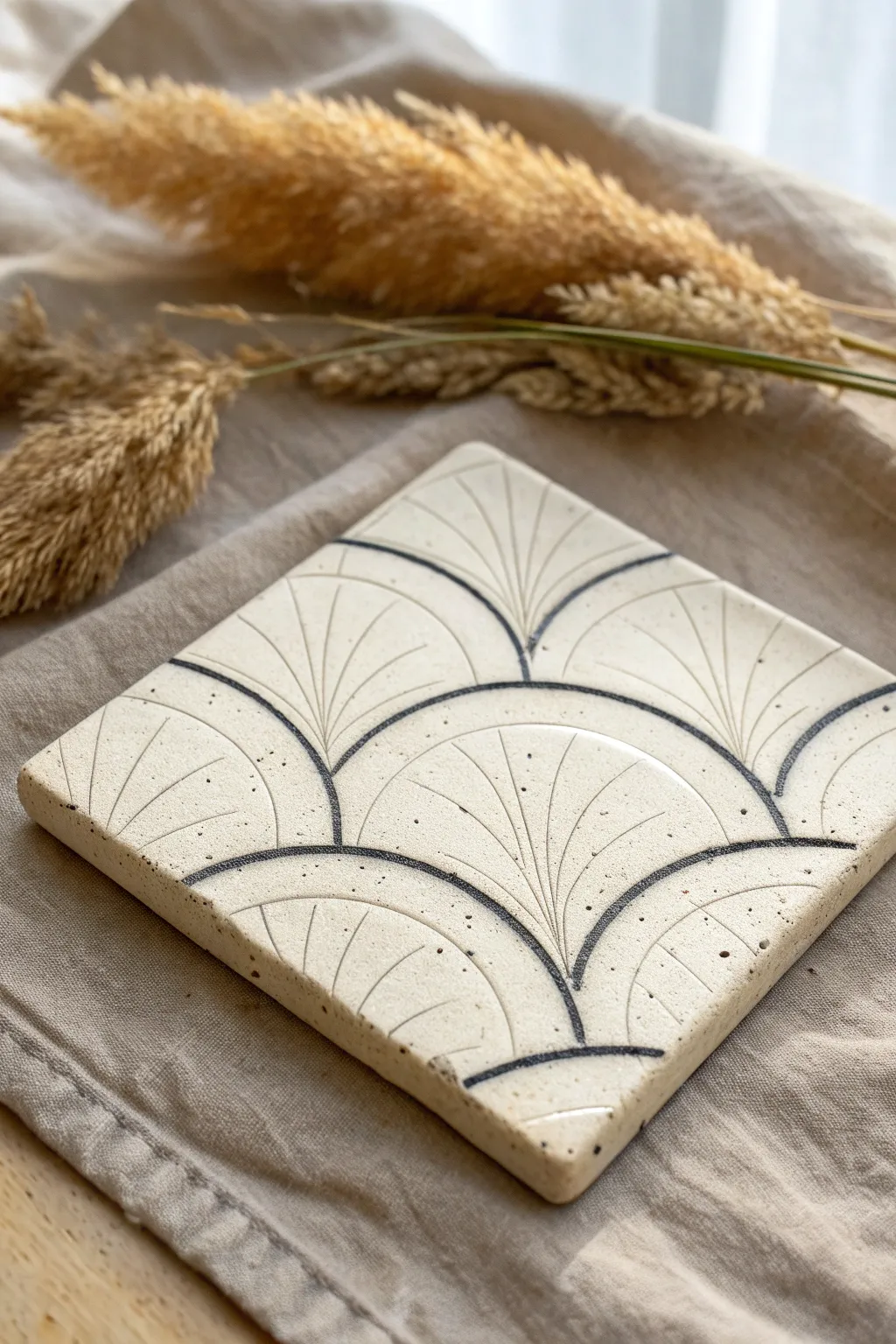 Minimal Mishima tile with clean inlaid botanical linework, matte glaze, soft Nordic light.