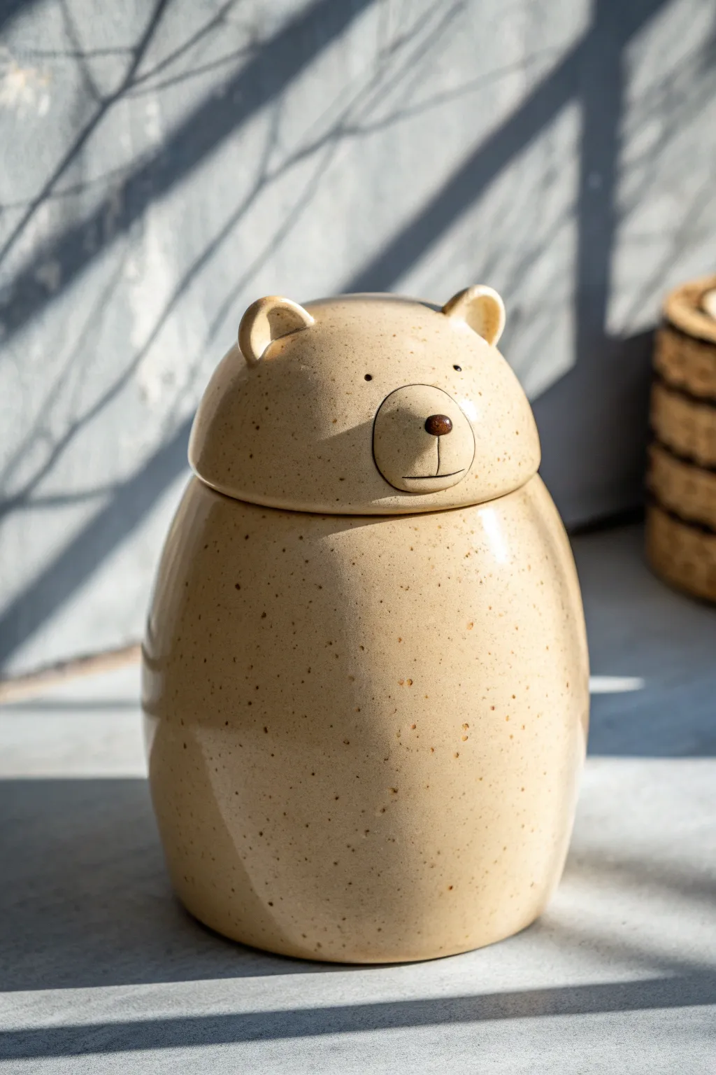 Minimalist bear cookie jar with integrated lid, cozy Scandinavian tones and handmade charm.