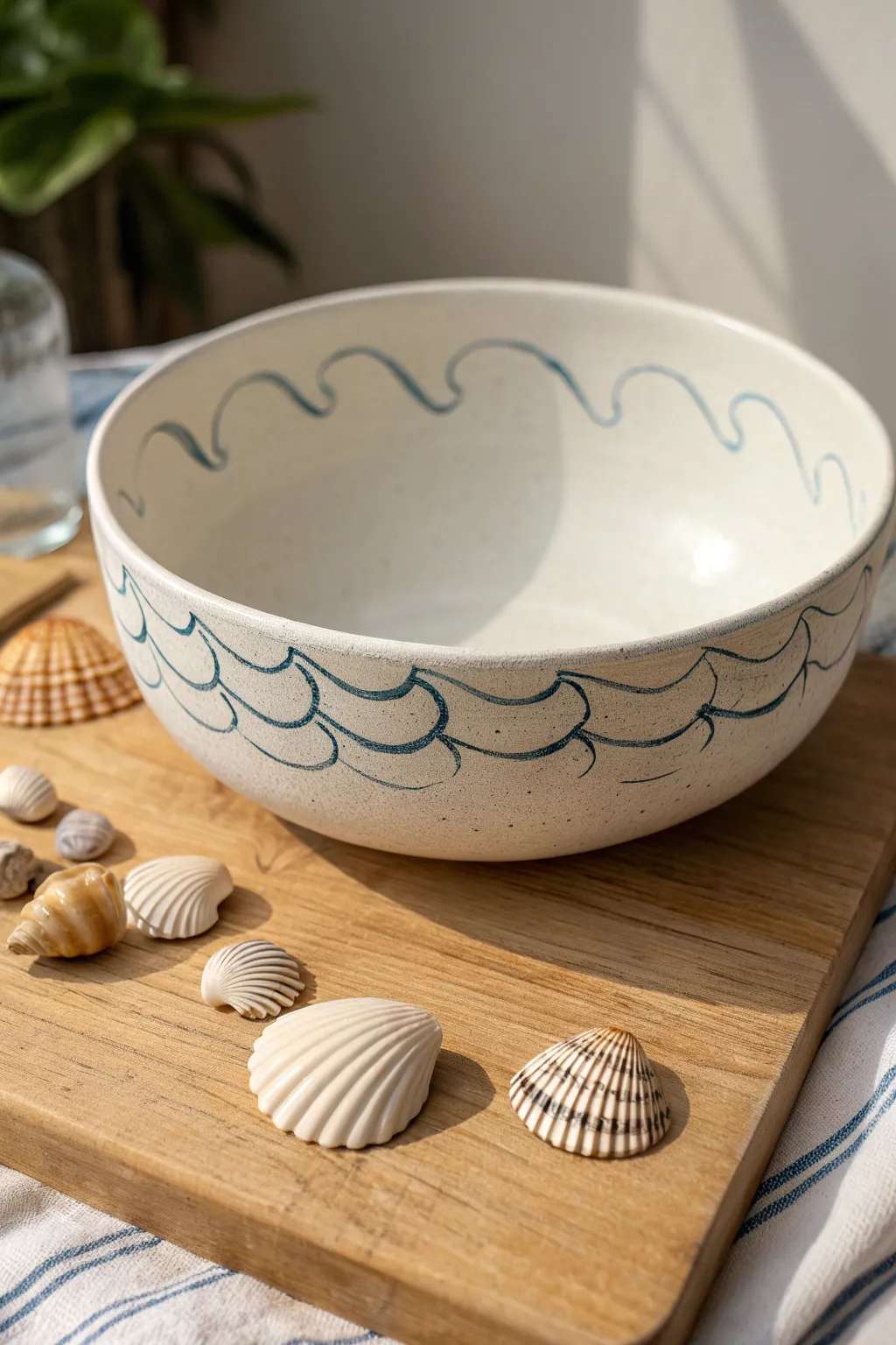 Ocean doodle ceramic bowl with simple wave line art and shell sketches in soft coastal tones