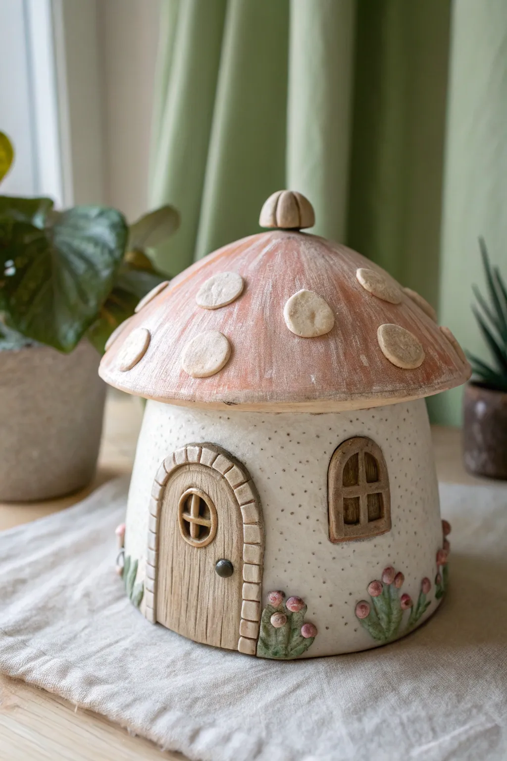 Whimsical ceramic mushroom hut mini house, simple shapes and cozy colors for teen pottery projects.