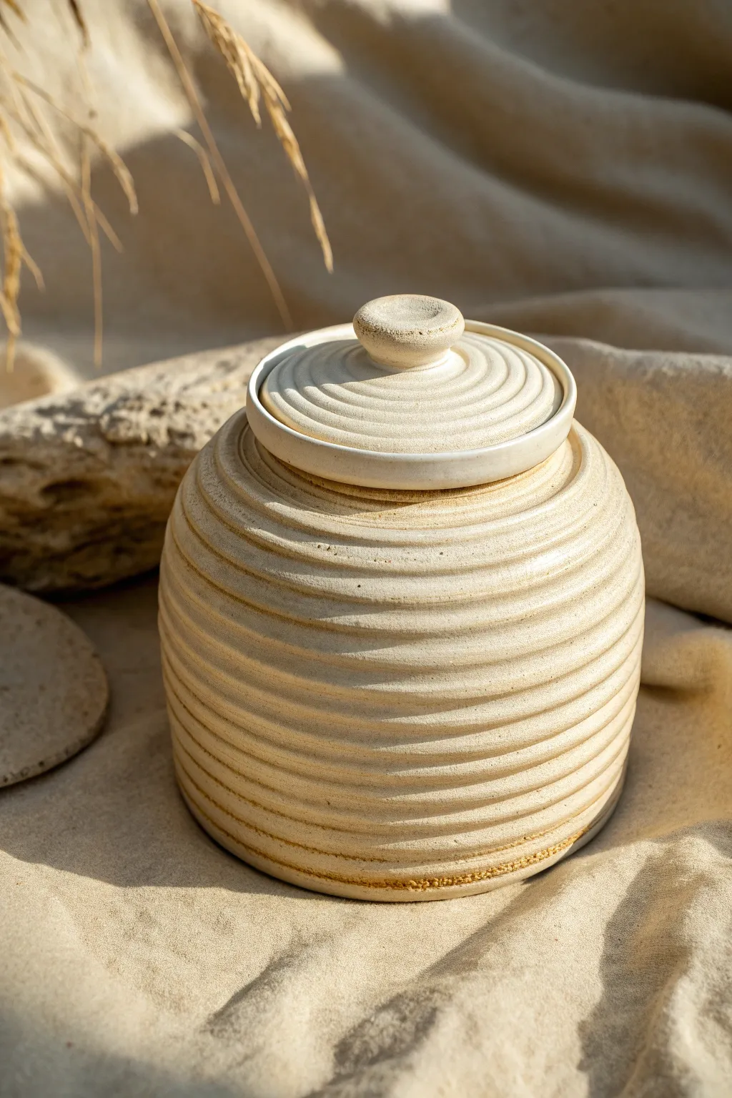 Coil-built ribbed jar with a softly breaking glaze, minimal lid, and natural studio light.