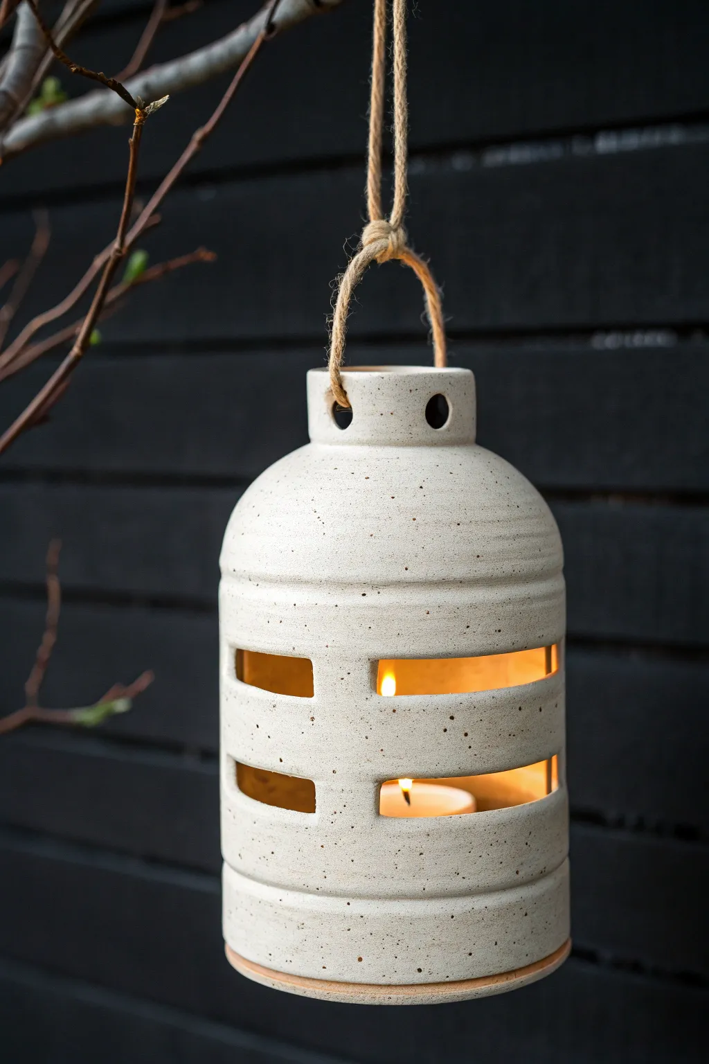 Warm-glow hanging ceramic lantern with crisp cut-out bands, minimalist Nordic style with boho calm.