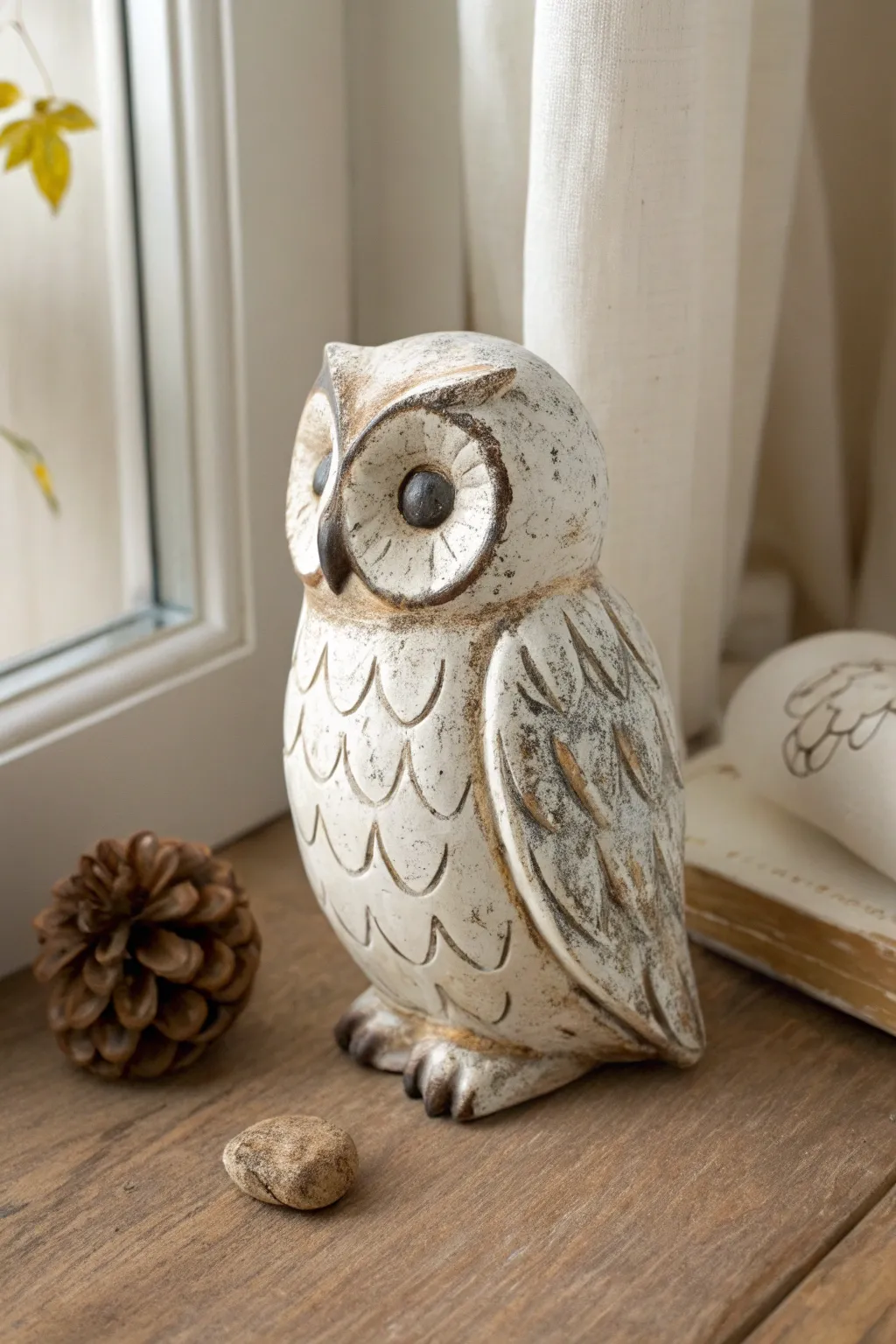 Antique-wash ceramic owl with softly distressed details for a cozy, weathered woodland feel