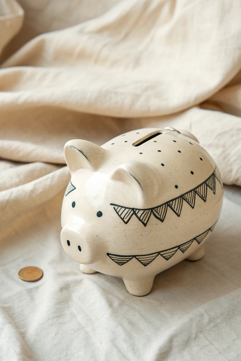 Minimal ivory piggy bank with charcoal mishima folk band, simple shapes and cozy contrast