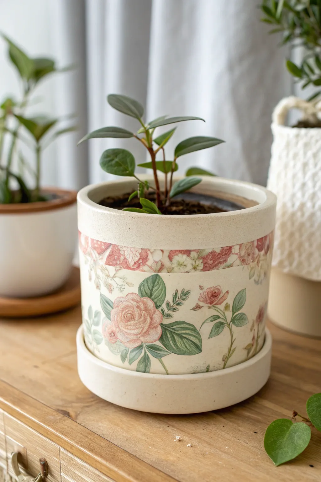Vintage floral decoupage ceramic planter with fresh greenery, minimal Scandinavian styling.
