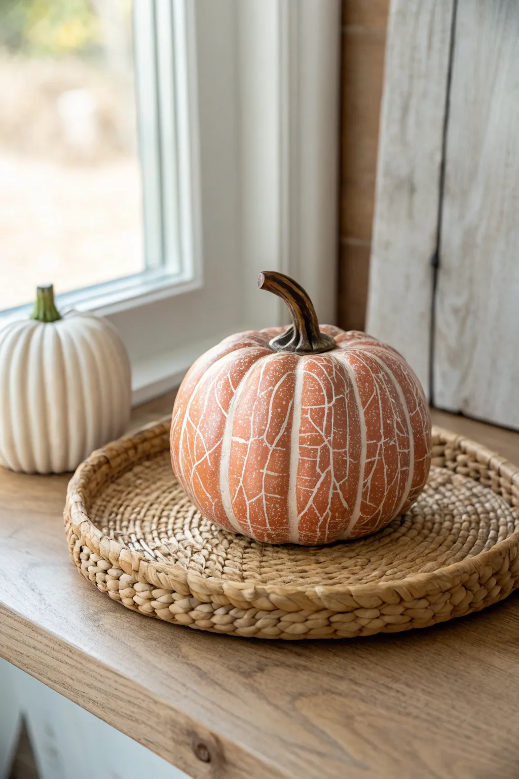 Warm crackle-glazed ceramic pumpkin on a woven tray, effortless aged harvest charm.