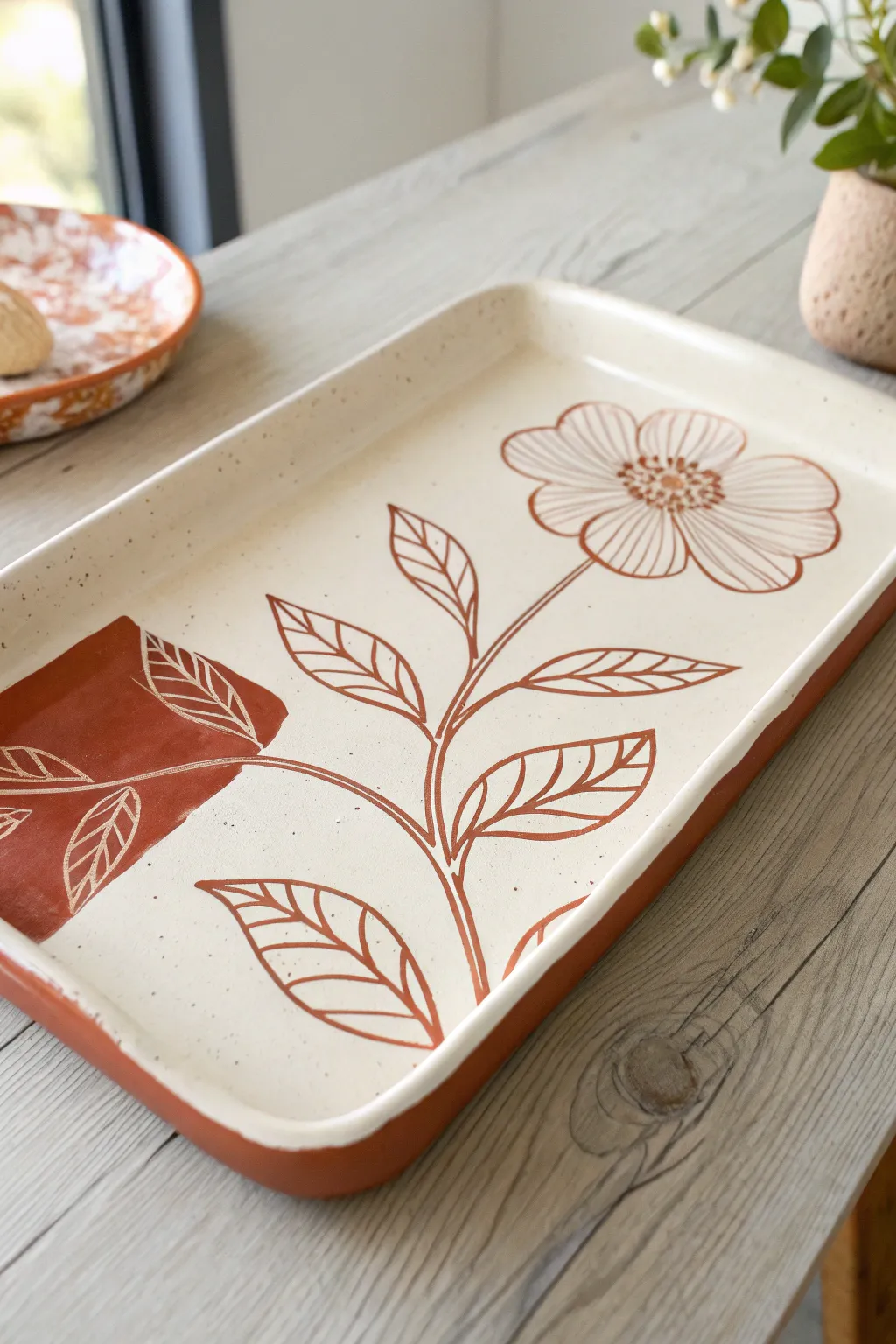Minimal sgraffito tray with a bold scratched floral motif, matte texture, and warm earthy contrast.