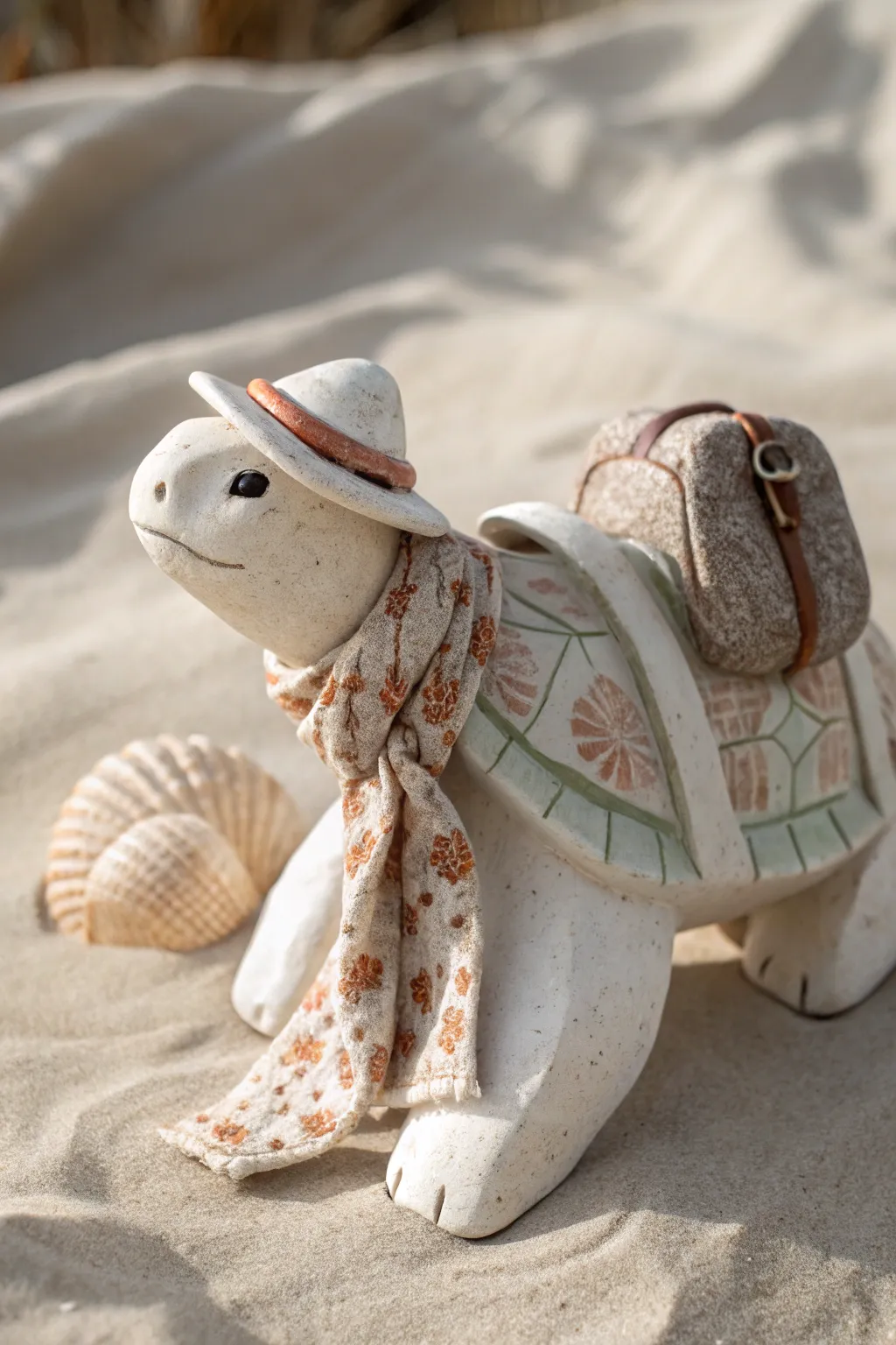 Tiny painted scarf, hat stripe, and mini backpack details give this ceramic turtle instant charm.