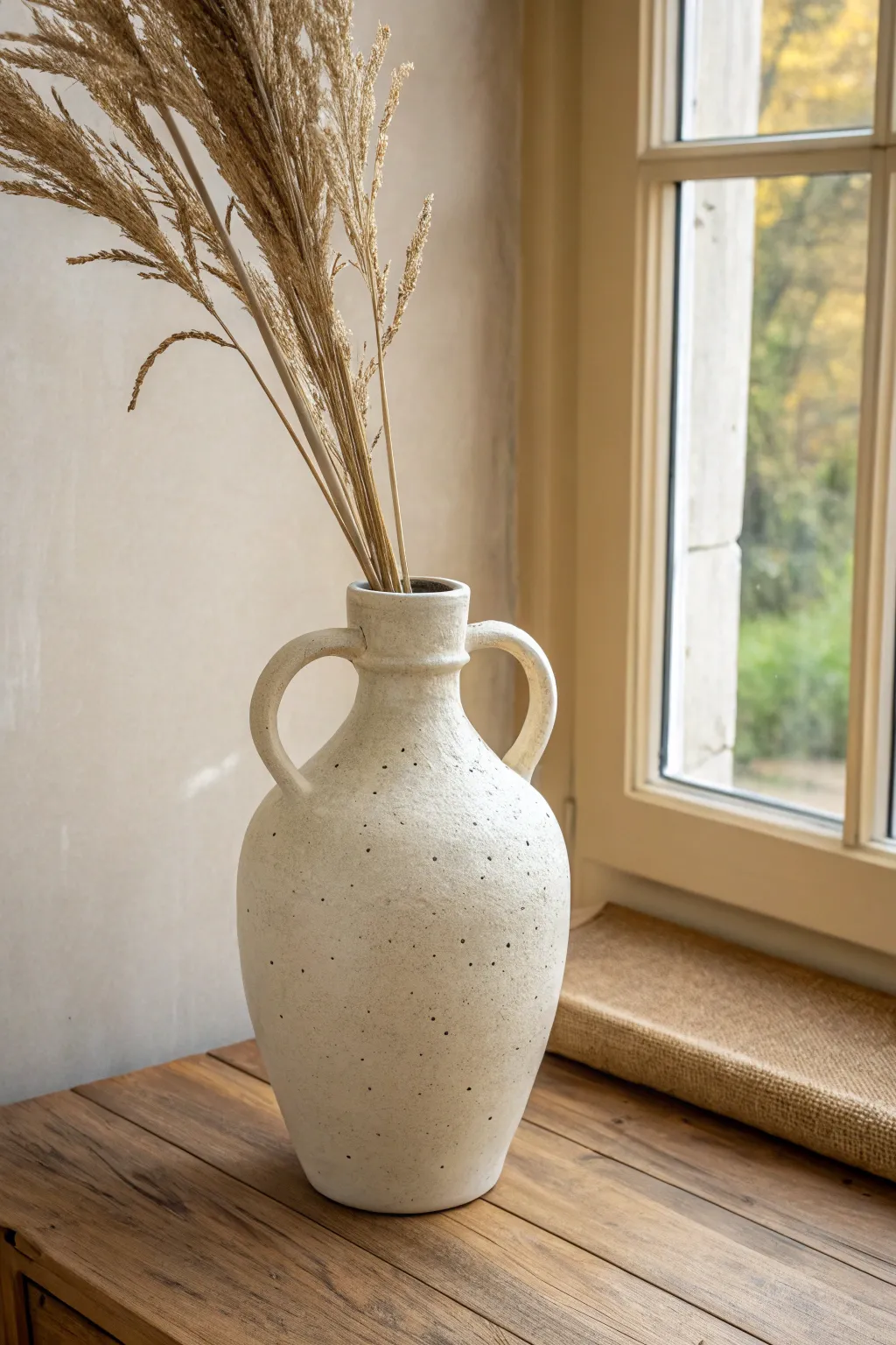 Sculptural loop-handle vase in matte stoneware for a minimalist, boho statement look.