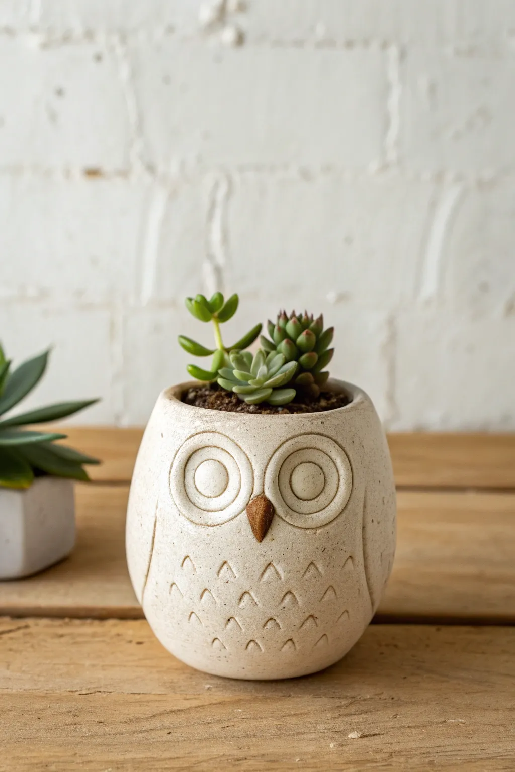 Minimal owl planter with sculpted eyes and a tiny succulent, perfect for cozy ceramic vessel ideas.
