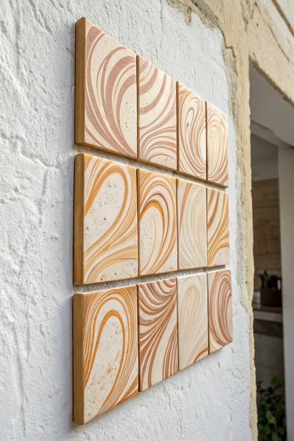 Minimal marbled wall tiles in terracotta and ivory, a polished boho accent for calm spaces