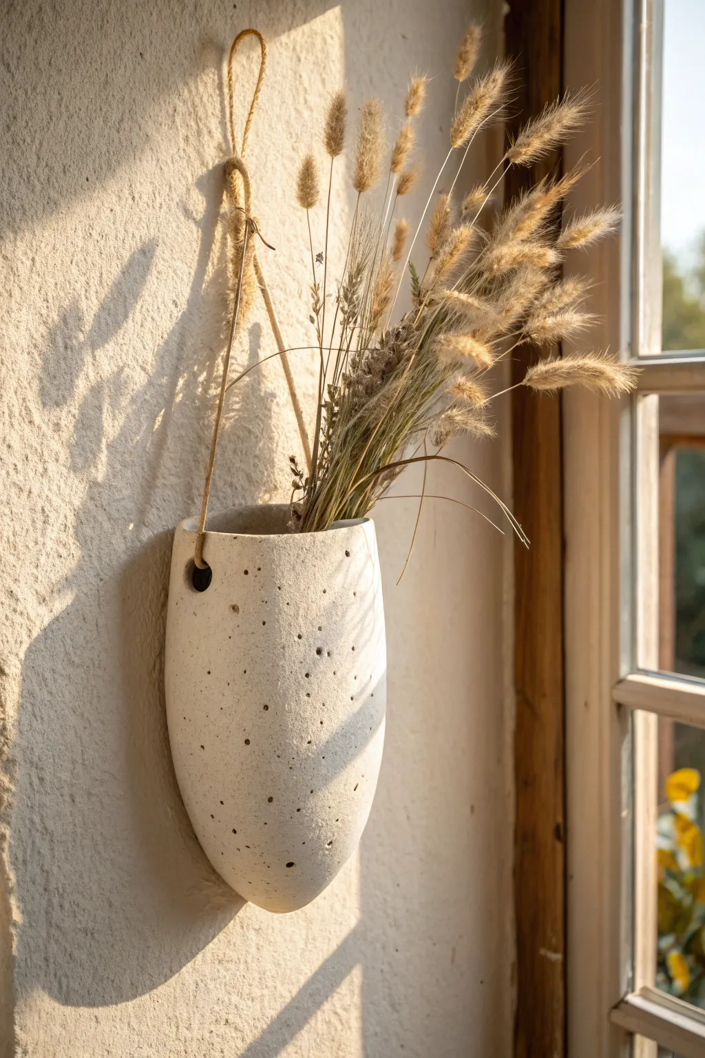 Minimal ceramic wall pocket with centered nail hole, styled with dried stems in soft light