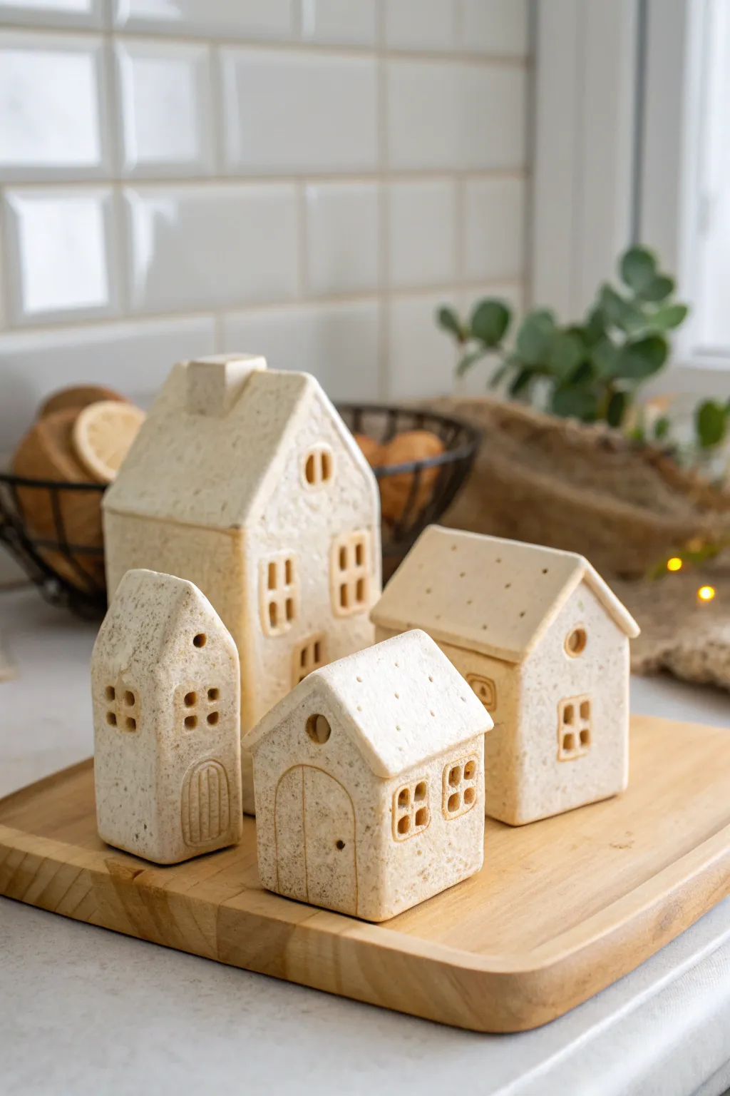 Mini ceramic house village for your final project, simple shapes, cozy details, clean Nordic style