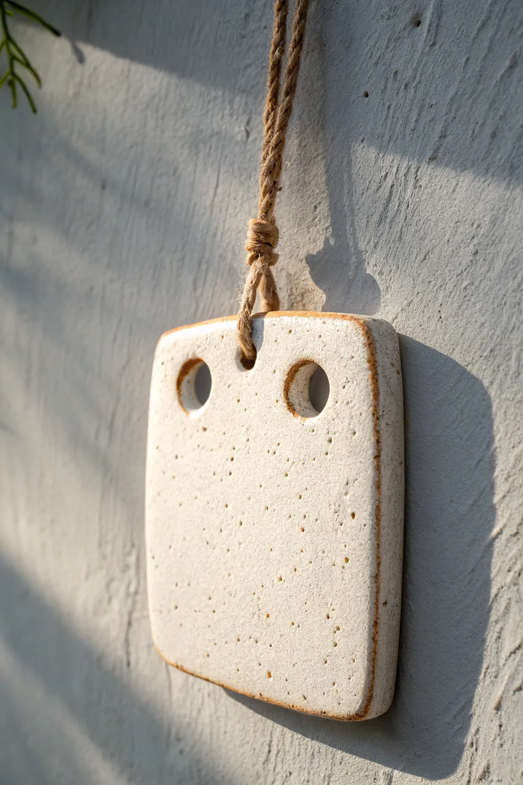 Minimal ceramic wall tile with cutouts, hung on cord for a calm boho Scandinavian vibe.