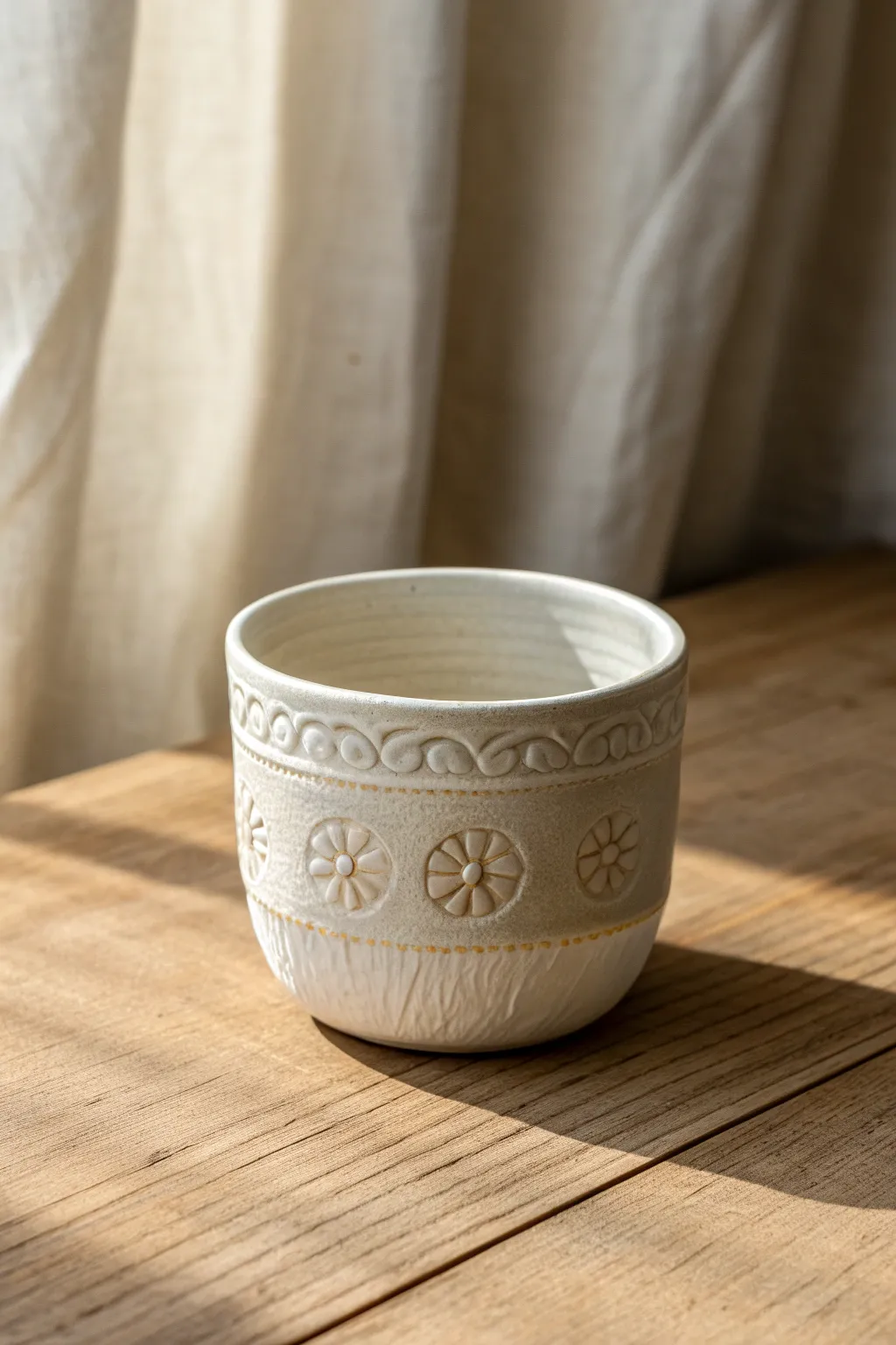 Minimal teacup with simple sprigged relief petals and medallions, matte glaze and soft shadows