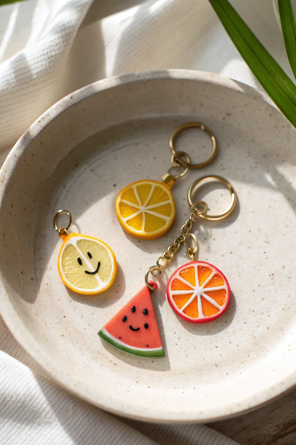 Bright mini fruit slice clay charms on a keyring, minimalist Scandinavian styling with a cute boho touch