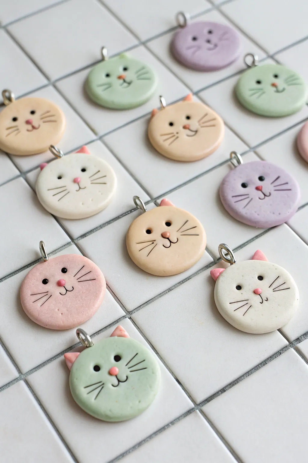 Cute chubby cat face clay charms in soft pastels, minimalist flat lay with cozy boho vibes.