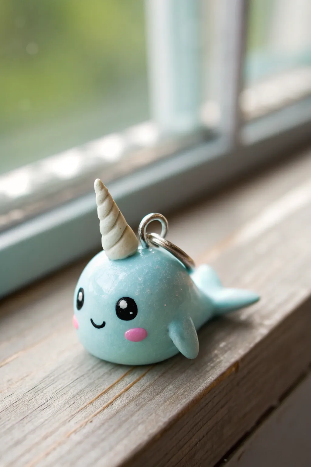 Sweet pastel narwhal unicorn charm with kawaii face, perfect for cute clay keychains and gifts.
