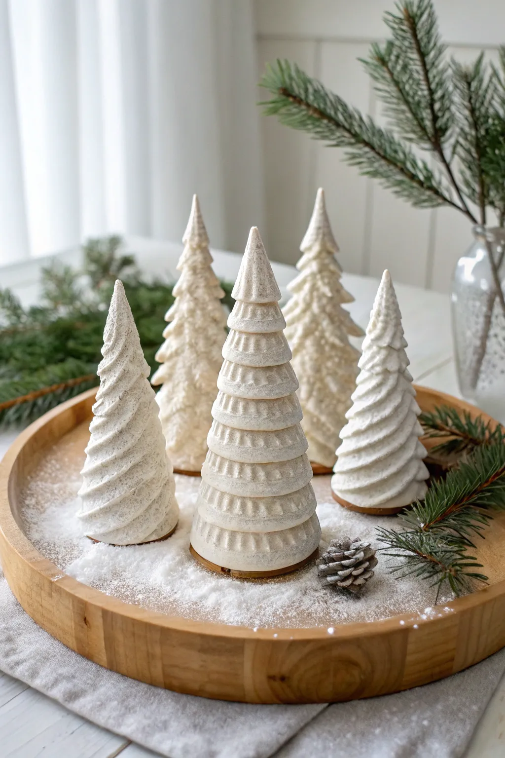 DIY air clay cone trees with frosted texture, a minimalist boho centerpiece for Christmas.