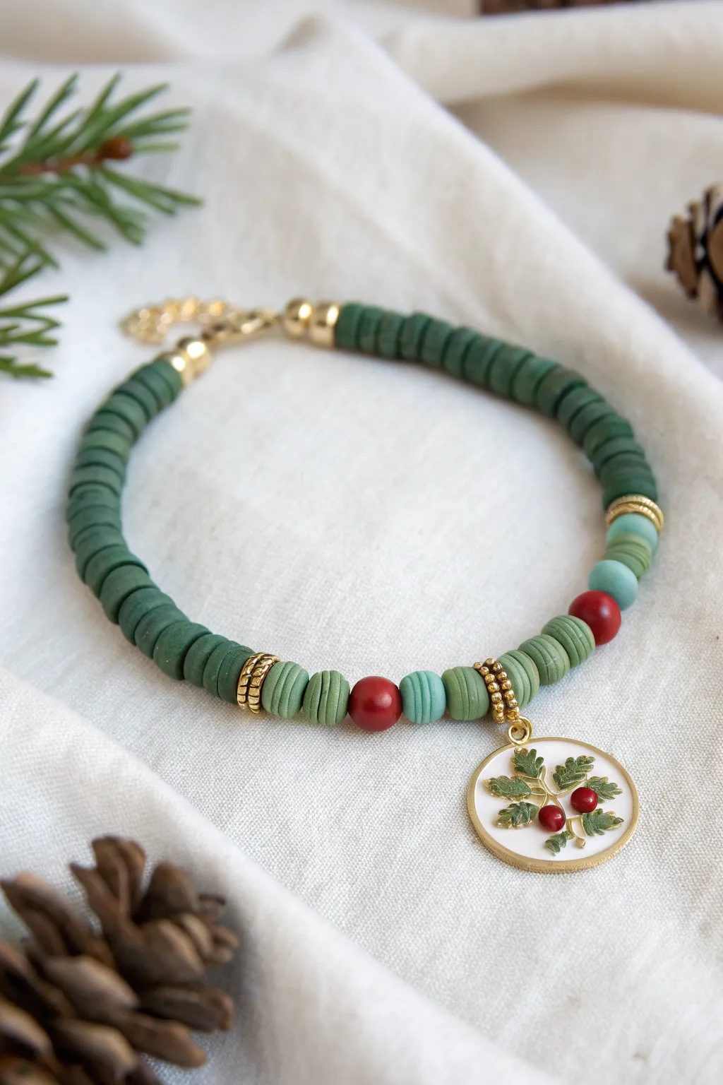 Wreath-inspired clay bead bracelet in ombré greens with tiny red berry accents and charm.