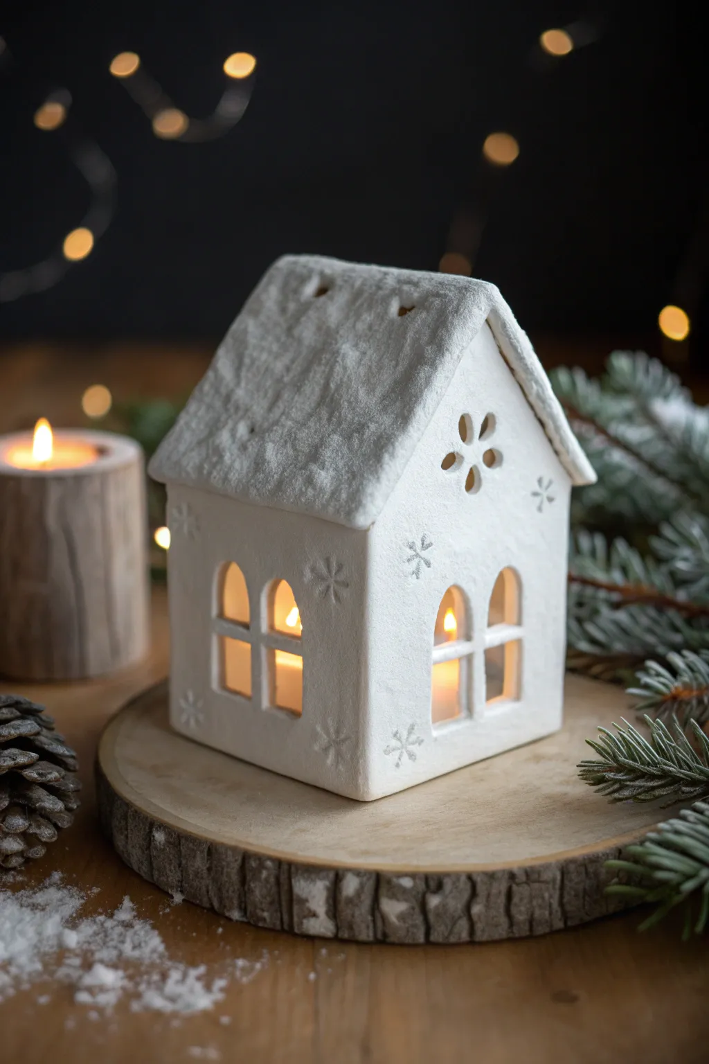 Warm tea light glow in a minimalist clay luminary house for cozy Scandinavian Christmas vibes
