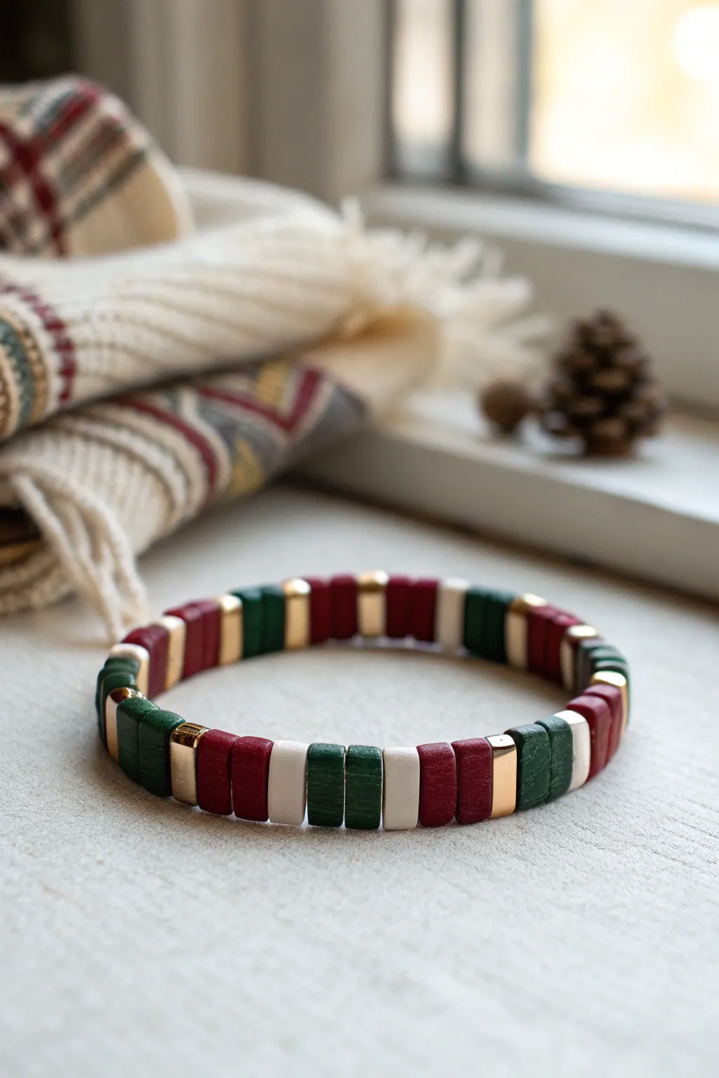 Plaid-inspired clay bead bracelet in red, green and white with delicate gold dividers.