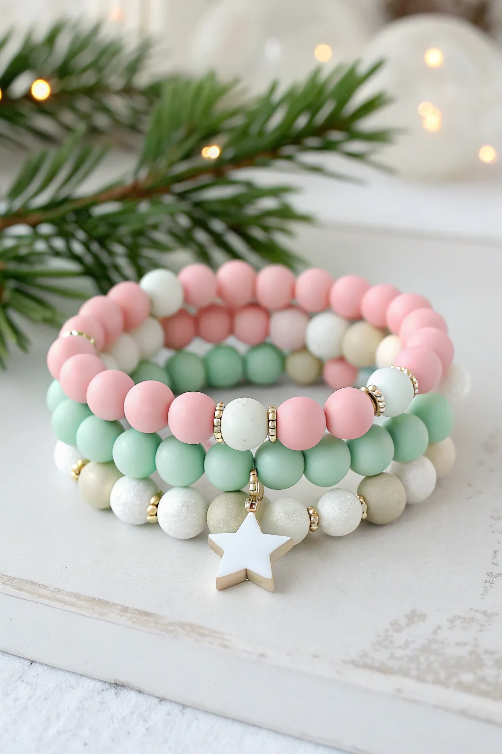 Pastel sugarplum Christmas clay bead bracelet stack in pink, mint, and cream with soft glow.