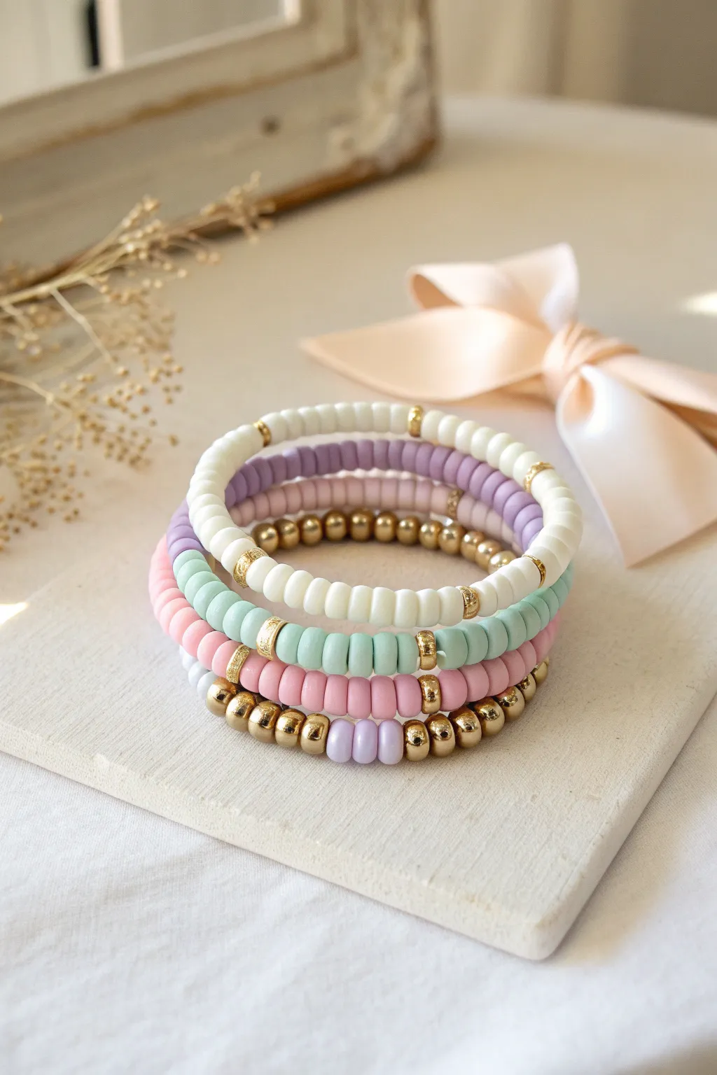Pastel heishi bracelet stack with tiny metallic spacers, a sweet minimalist Christmas vibe